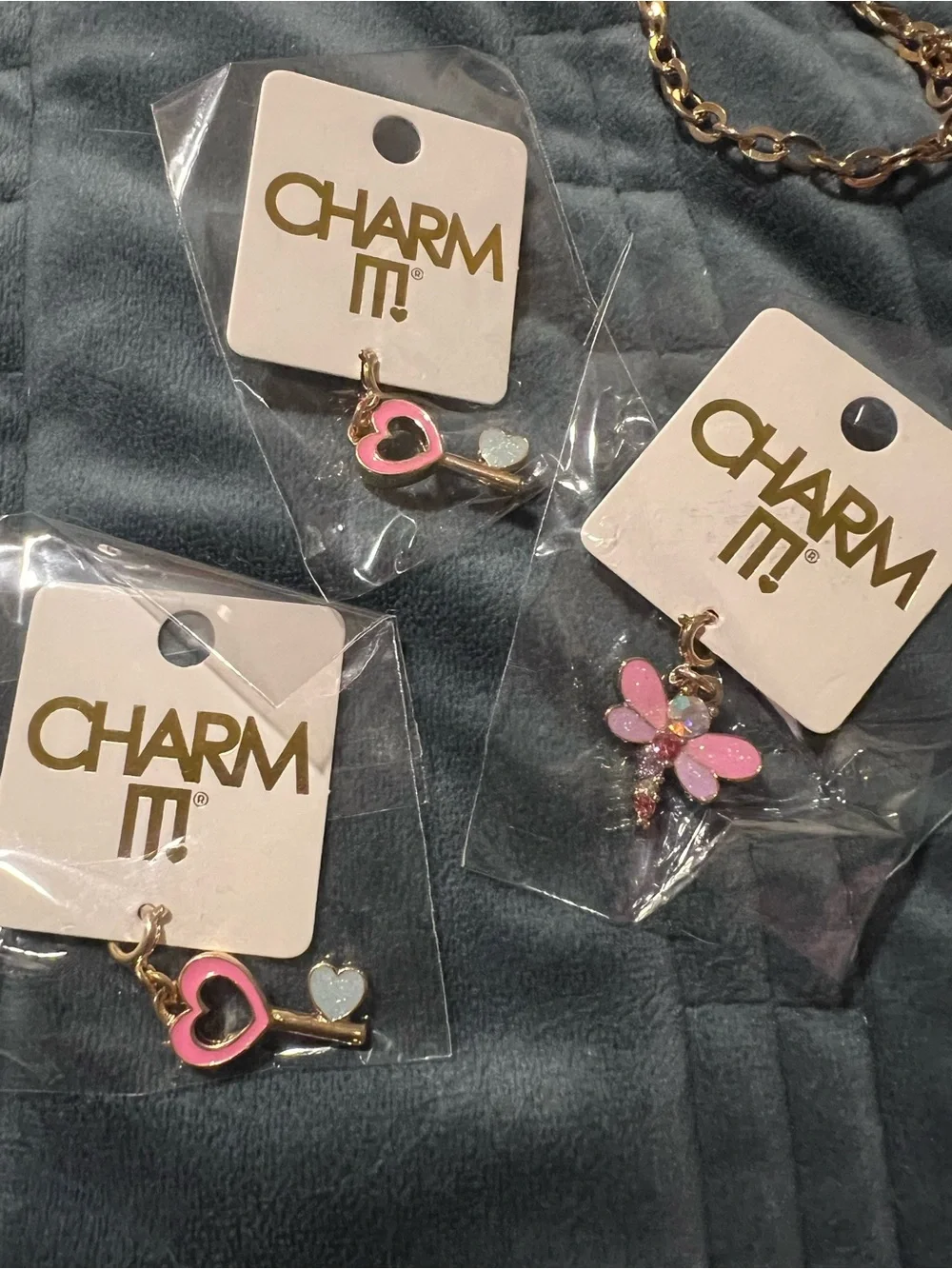 Charm It Gold-Tone Bracelet and Pink Enamel Charm Set Dragonfly, Key to My Heart